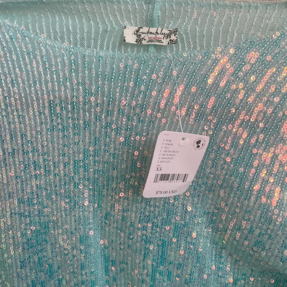 NWT new FREE PEOPLE gold rush sequin long sleeve tee top XS Aruba blue shimmer - Picture 5 of 14